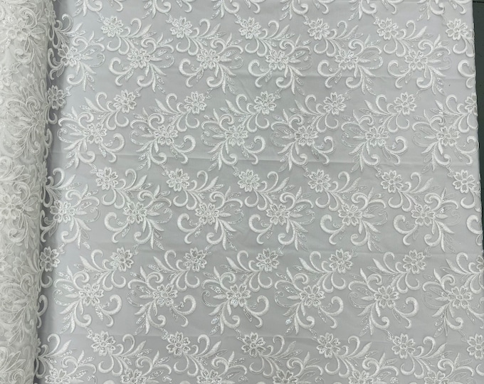 White Floral Lace Fabric, by the yard - Embroidery With Sequins on a Mesh Lace Fabric For Gown, Wedding-Bridal