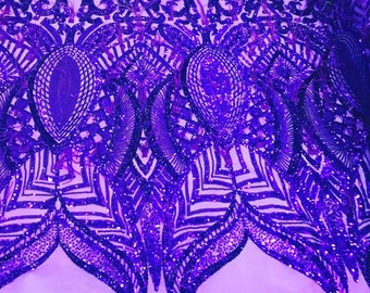 Iridescent Purple Feather Sequins Fabric: 4-Way Stretch Mesh, Prom Gown