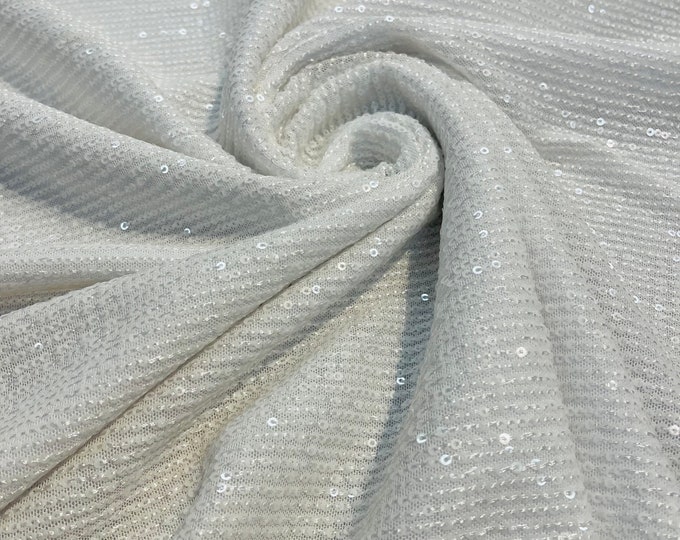 White Mille Striped Stretch Sequins | by the yard | Lace 4 Way Mesh-Prom-Gown | Wedding Couture Fabric | Sequin Fabric