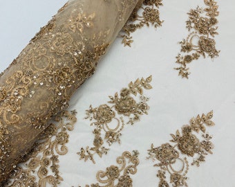 Gold Floral Embroidered Beaded Fabric: Bridal Wedding Lace By The Yard
