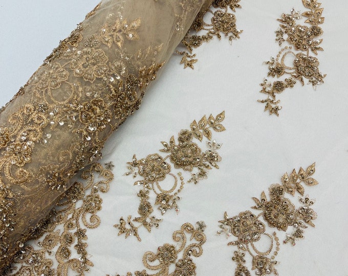Gold Floral Cluster Beaded Fabric - Embroidered Flower Beaded Fabric Wedding Bridal Sold By The Yard