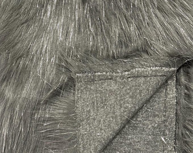 Charcoal Tinsel Shaggy Long Pile Faux Fur Fabric By The Yard, Luxury Shaggy With Metallic Tinsel Strands, Costume, Apparel, Decoration 60"