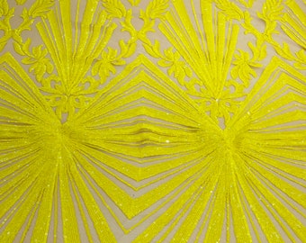 Yellow Sequin, Nude Power Mesh Damask Geometric Design Embroidered With Sequins On 4 Way Stretch By The Yard