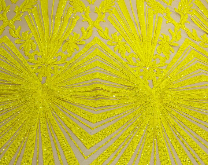 Yellow Sequin, Nude Power Mesh Damask Geometric Design Embroidered With Sequins On 4 Way Stretch By The Yard