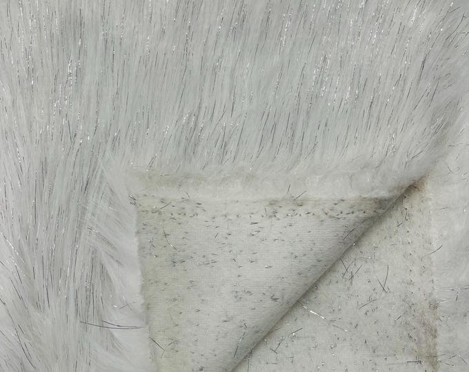 White Tinsel Shaggy Long Pile Faux Fur Fabric By The Yard, Luxury Shaggy With Metallic Tinsel Strands, Costume, Apparel, Decoration 60" Wide