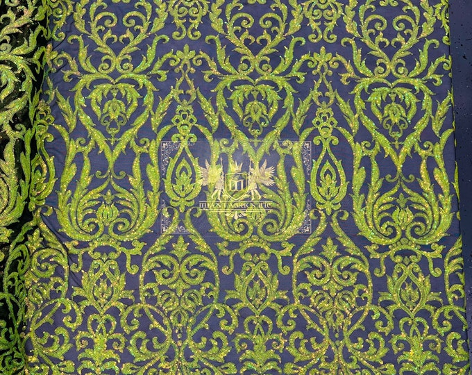 Lime Green Iridescent Sequins Fabric | 4 Way Stretch Mesh | Embroidered Damask Design With Iridescent Sequin Lace Prom-Gown by the yard