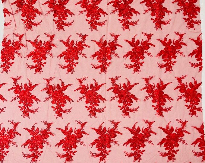 Red Floral Lace Fabric by the yard - Embroidery With Sequins on a Mesh Lace Fabric For Gown, Wedding-Bridal