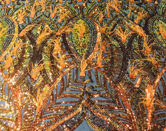 Luxury Feather Sequins - Iridescent Orange - 4 Way Stretch Glamorous Fringe Feather Sequins Fabric Spandex Mesh-Prom-Gown By The Yard
