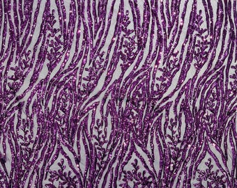 Purple Damask Sequin Fabric: 4-Way Stretch Spandex Mesh, Prom Gown