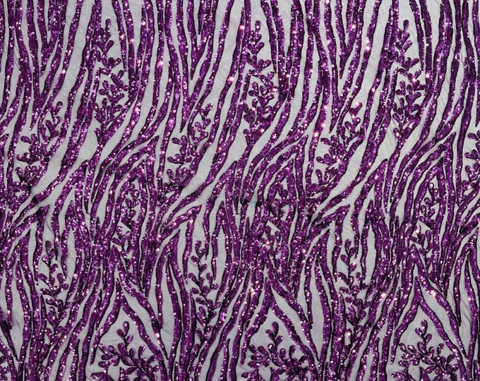 Dk Purple Sequin Fabric 4 Way Stretch Fashion Design Sequins on Spandex Mesh Prom Gala Gown Fabric By The Yard