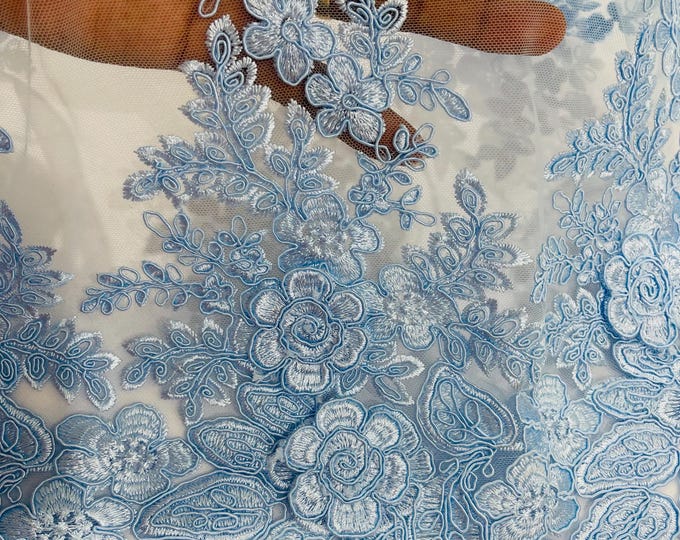 Baby Blue 3D Flower Embroidery Lace Fabric By The Yard, Corded 3D Flower Embroidery Lace Fabric on a Mesh Lace Fabric For Wedding-Bridal