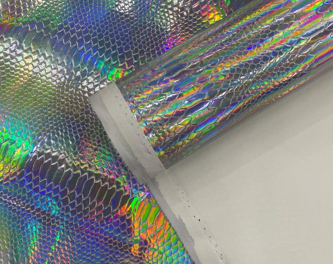 Silver Viper Snake Holographic Embossed PVC, Snake Vinyl Fabric By The Yard DIY Upholstery Accessories Applications Iridescent Snake