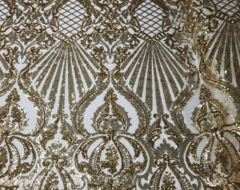 Gold Sequin Damask Design - Selena Design on a 4 Way Stretch Sequin Lace Mesh - Prom Gala Gown Fabric By Yard