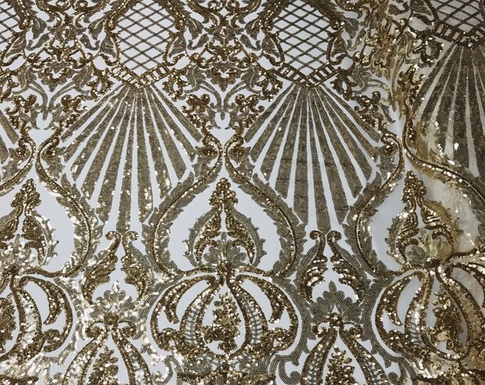 Gold Sequin Damask Design - Selena Design on a 4 Way Stretch Sequin Lace Mesh - Prom Gala Gown Fabric By Yard