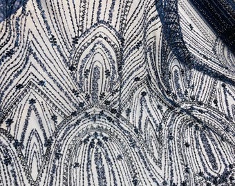 Navy Blue Beaded Fabric | Fashion Pattern With Beads and Sequin, Bridal Pearls Prom Dress