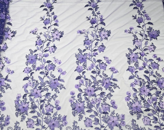 New Lavender 3D Floral Design by the yard, Embroider and Beaded With Pearls On a Mesh Lace-Prom-Dresses-Nightgown