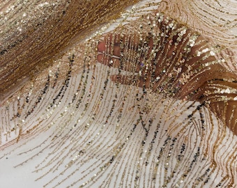 Rose Gold Glitter Sequin on Mesh Lace Fabric, Wedding Decor Fabric Bridal/Prom/Sparkle