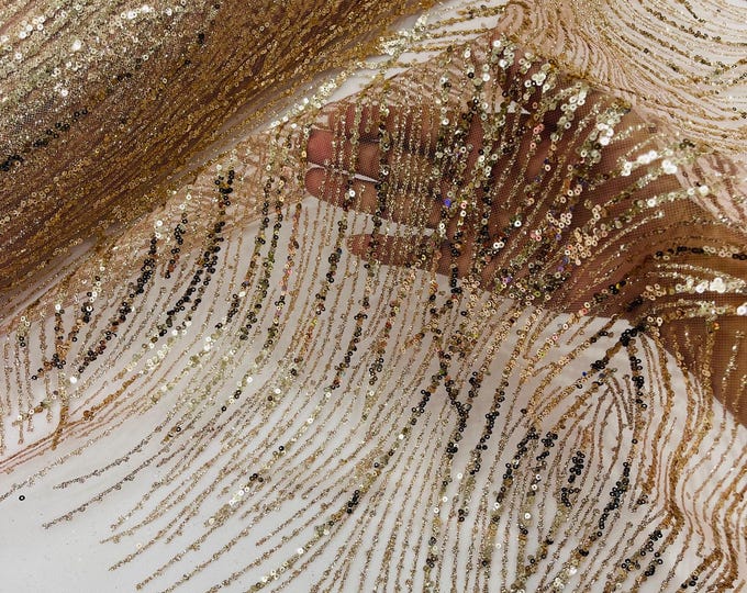 Rose Gold Glitter Sequin on Mesh Lace Fabric, Wedding Decor Fabric Bridal/Prom/Sparkle