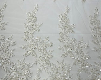 Ivory Floral Pattern Beaded Fabric - Embroidered Beaded & Sequins Wedding Bridal Fabric | Lace Beaded | Sold By The Yard