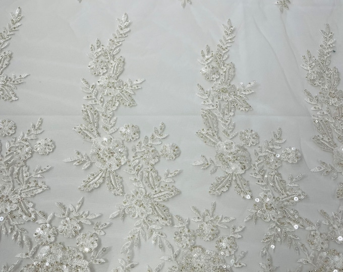 Ivory Floral Pattern Beaded Fabric - Embroidered Beaded & Sequins Wedding Bridal Fabric | Lace Beaded | Sold By The Yard