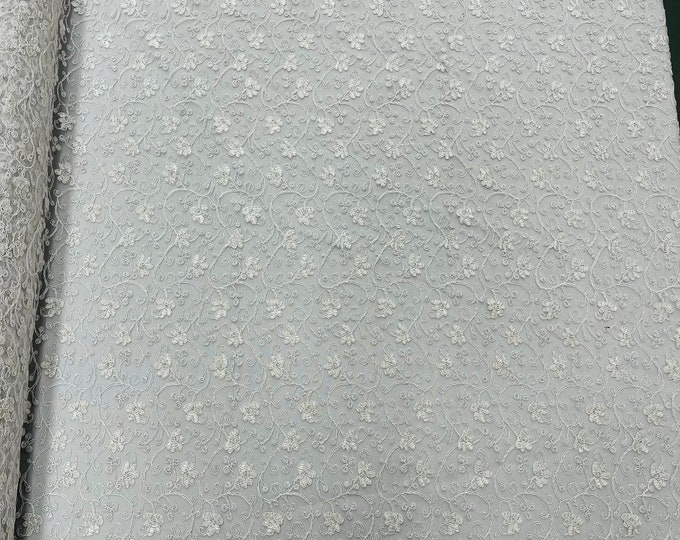 Metallic White Corded Lace Fabric by the yard - Flower Design Embroidered on Mesh Lace Fabric Floral, (Pick a Size)