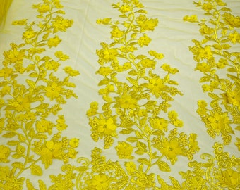 Yellow 3D Floral Design - by the yard - Embroider Flower With Pearls On a Mesh Lace-Prom-Dresses-Nightgown-Apparel