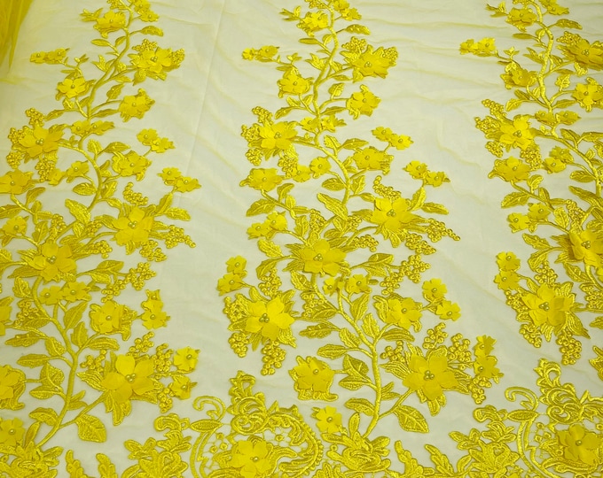 Yellow 3D Floral Design - by the yard - Embroider Flower With Pearls On a Mesh Lace-Prom-Dresses-Nightgown-Apparel