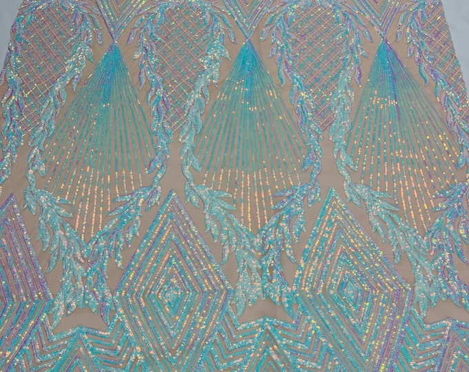 Iridescent Aqua/Pink Sequins on Nude Mesh - 4 Way Stretch Geometric Diamond Design on Mesh Fabric for Prom Gala Gown By The Yard