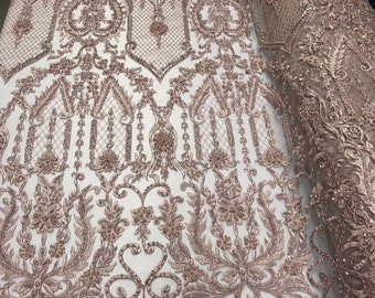 Rose Gold Beaded Fabric - by yard - Embroidered Damask Pattern With Pearls and Beads on Mesh Lace Fabric Wedding