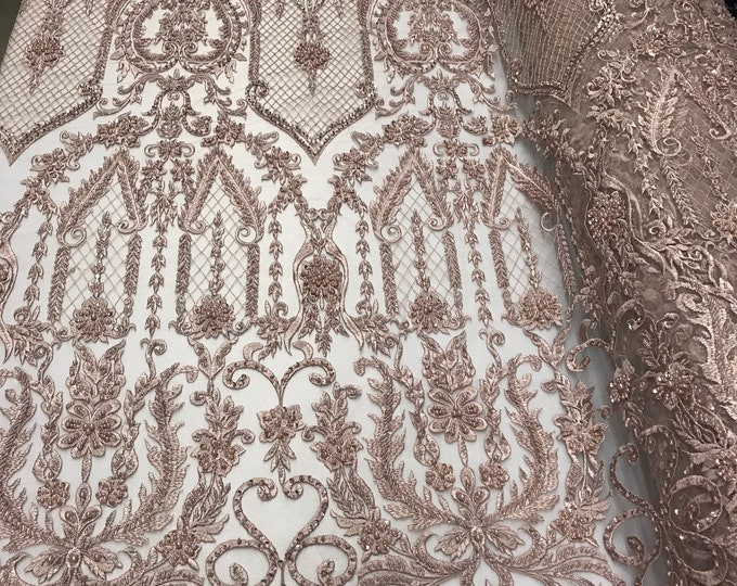 Rose Gold Beaded Fabric - by yard - Embroidered Damask Pattern With Pearls and Beads on Mesh Lace Fabric Wedding