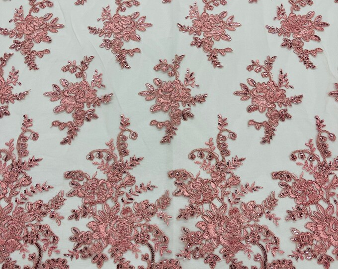 Dusty Rose Floral Lace Fabric Sold By The YARD Embroidery With Sequins on a Mesh Lace Fabric For Wedding-Bridal