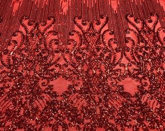 Red Sequin Lace Fabric – Damask Design, Embroidered Mesh