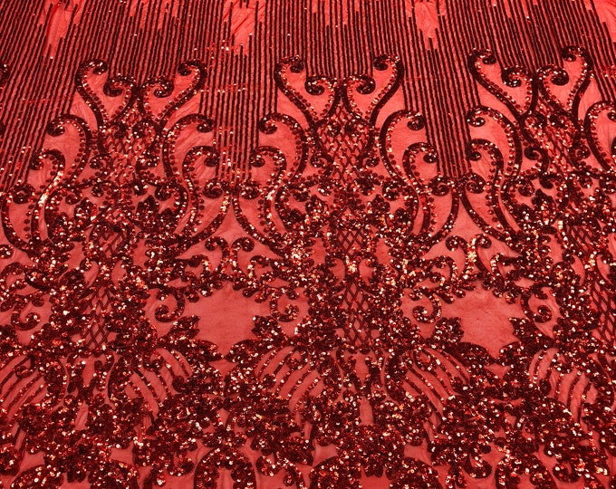 Red Sequins Lace Fabric On Mesh Damask Design Embroidered On 4 way Stretch Sequin By The Yard -Prom-Gown ( Choose The Size )