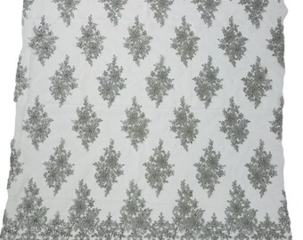 Metallic Silver Flower Beaded Fabric by the yard - Embroidered Beaded With Sequins Wedding Bridal Fabric | Lace Beaded