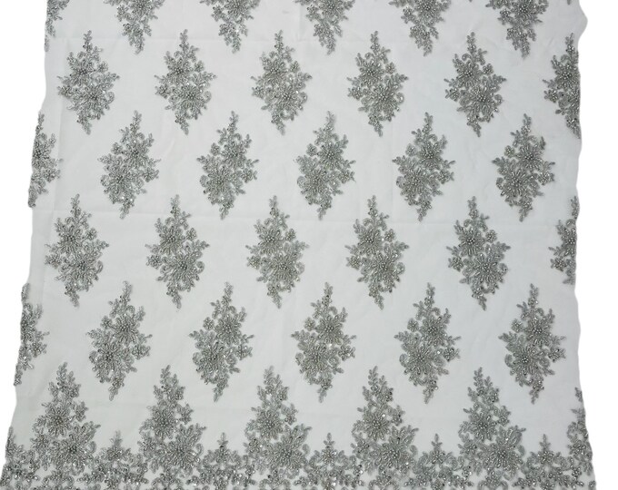 Metallic Silver Flower Beaded Fabric by the yard - Embroidered Beaded With Sequins Wedding Bridal Fabric | Lace Beaded