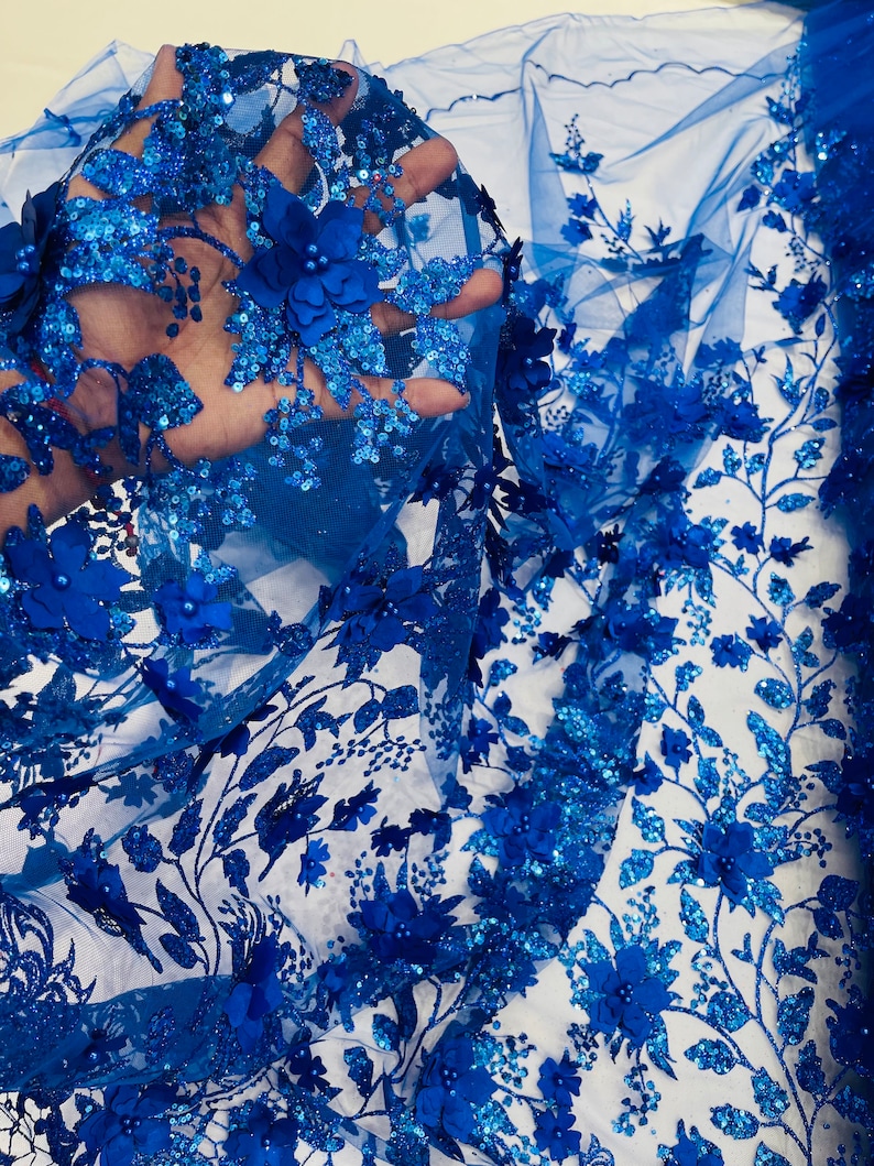Royal Blue 3D Flower Glitter Sequin Fabric by the Yard, 3D Floral ...