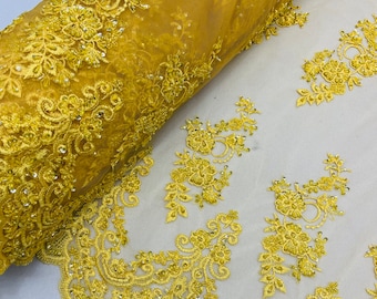 Yellow Embroidered Floral Beaded Fabric: Bridal Wedding Lace