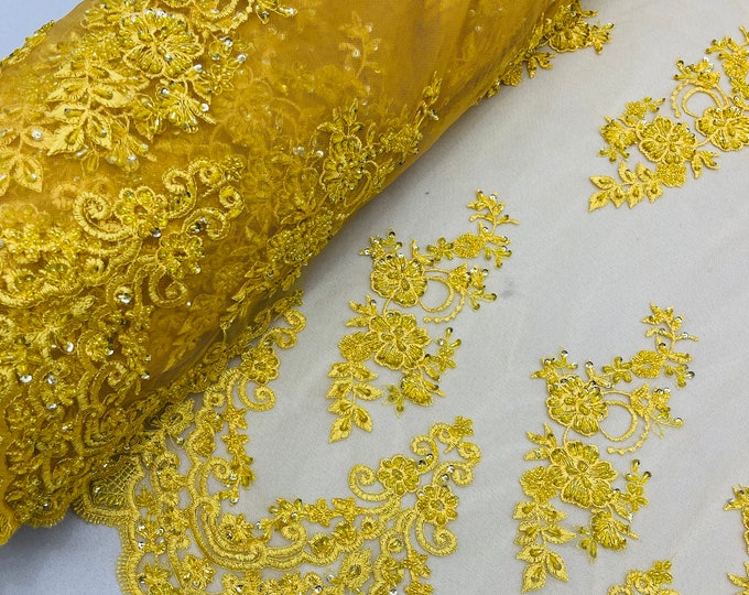 Yellow Floral Cluster Beaded Fabric - Embroidered Flower Beaded Fabric Wedding Bridal Sold By The Yard