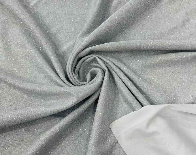 Silver Shimmer Fabric by yard, Stretch Glitter Fabric | Luxury Sparkle Fabric | Glimmer | Silver Glitter Fabric for Prom-Gown-Backdrop
