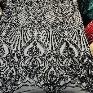 Black Sequin Damask Fabric: 4-Way Stretch Lace Mesh, Prom Gown Material