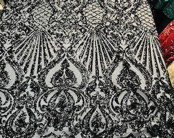 Black Sequin Damask Fabric: 4-Way Stretch Lace Mesh, Prom Gown Material