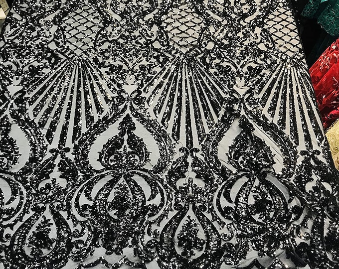 Black Sequin Damask Design - Selena Design on a 4 Way Stretch Sequin Lace Mesh - Prom Gala Gown Fabric By Yard