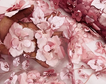 Dusty Rose 3D Floral Lace Fabric with Pearls - Prom Dress Fabric By The Yard