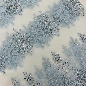 Baby Blue Embroidery Beaded Fabric With Sequin on a Mesh, JP Desing Beaded Fabric Floral Bridal Lace Fabric by the yard
