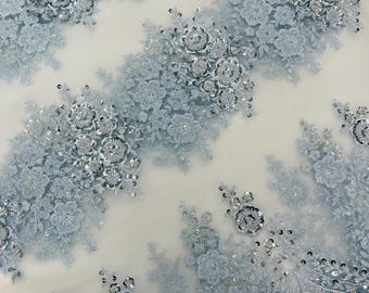 Baby Blue Beaded Floral Lace Fabric, JP Design, Bridal Embroidery