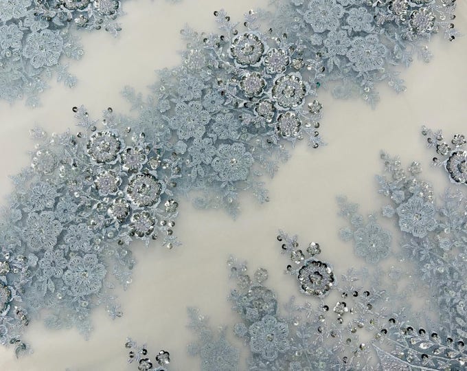 Baby Blue Embroidery Beaded Fabric With Sequin on a Mesh, JP Desing Beaded Fabric Floral Bridal Lace Fabric by the yard