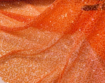 Orange Sequin Pearl Beaded Lace Fabric: Wedding Mesh, Embroidered - By The Yard