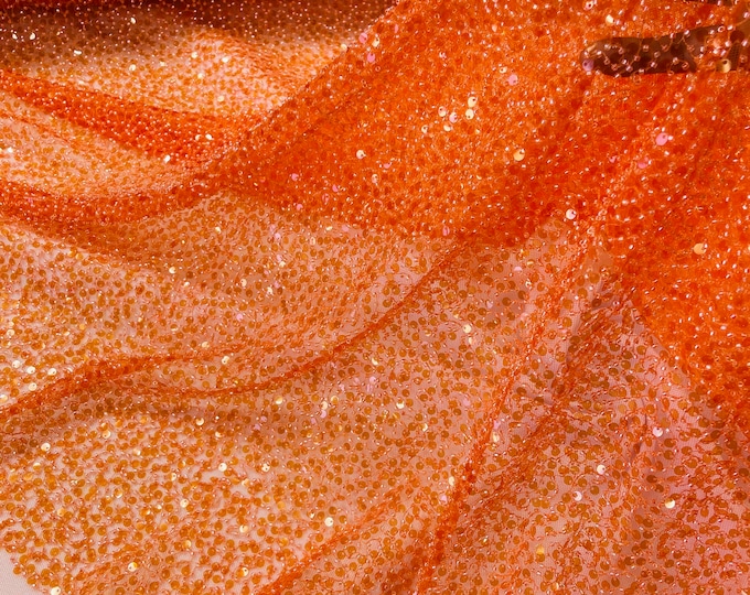Orange Sequin Pearl Beaded Lace Fabric, by the yard Wedding Mesh Fabric, High Quality Embroidered Sequins Pearl Beaded Fabric