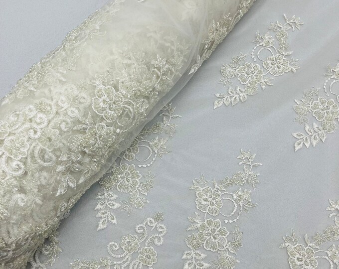 White Floral Cluster Beaded Fabric - Embroidered Flower Beaded Fabric Wedding Bridal Sold By The Yard