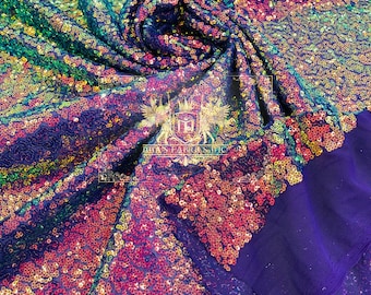 Purple Iridescent Mini Glitz Sequins on Purple Mesh 4 Way Stretch Sequin Fabric Dresses-Nightgowns-Prom Gown (Choose The Size)